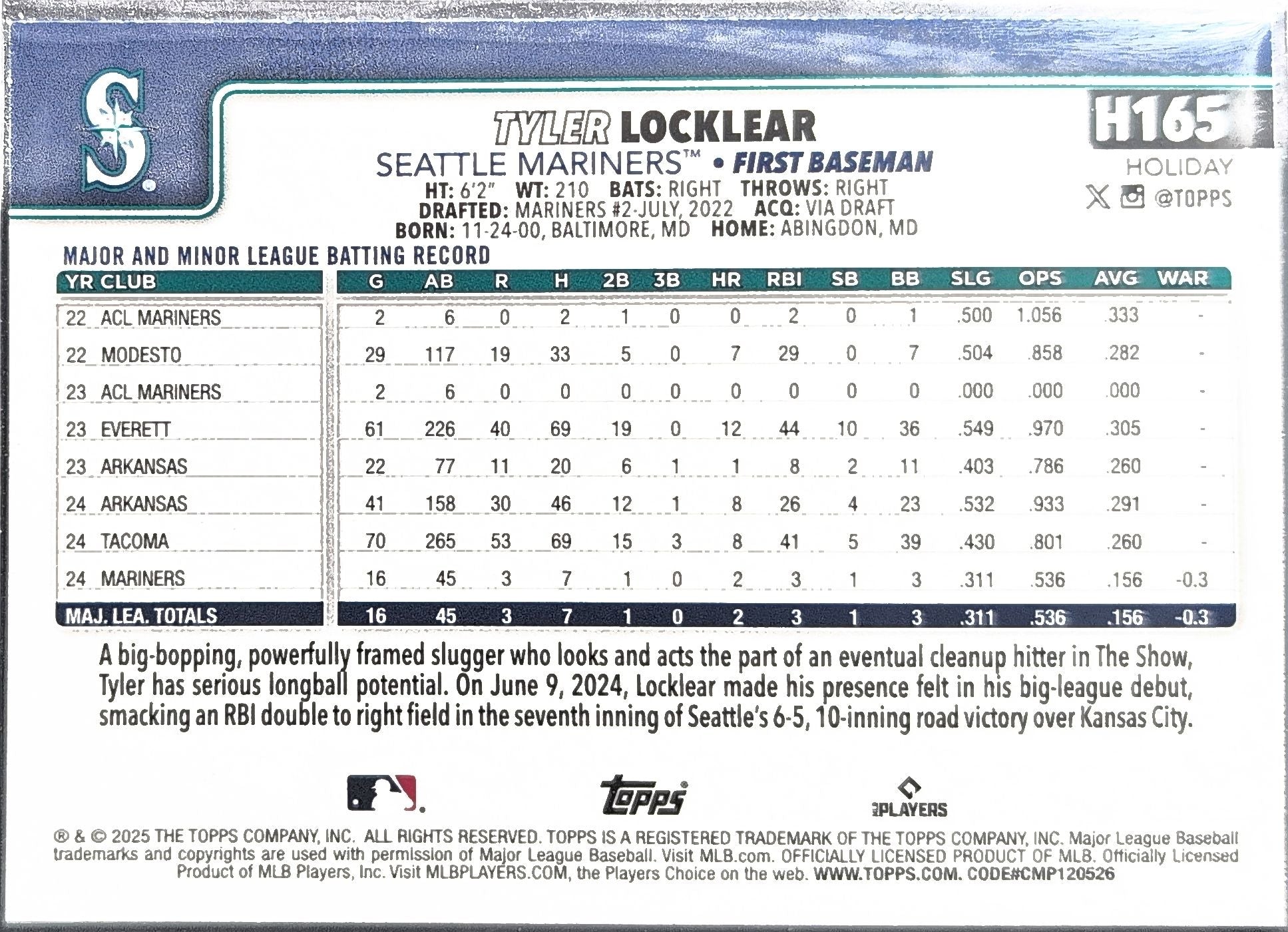 2025 Topps Holiday Tyler Locklear #H165 RC Seattle Mariners back