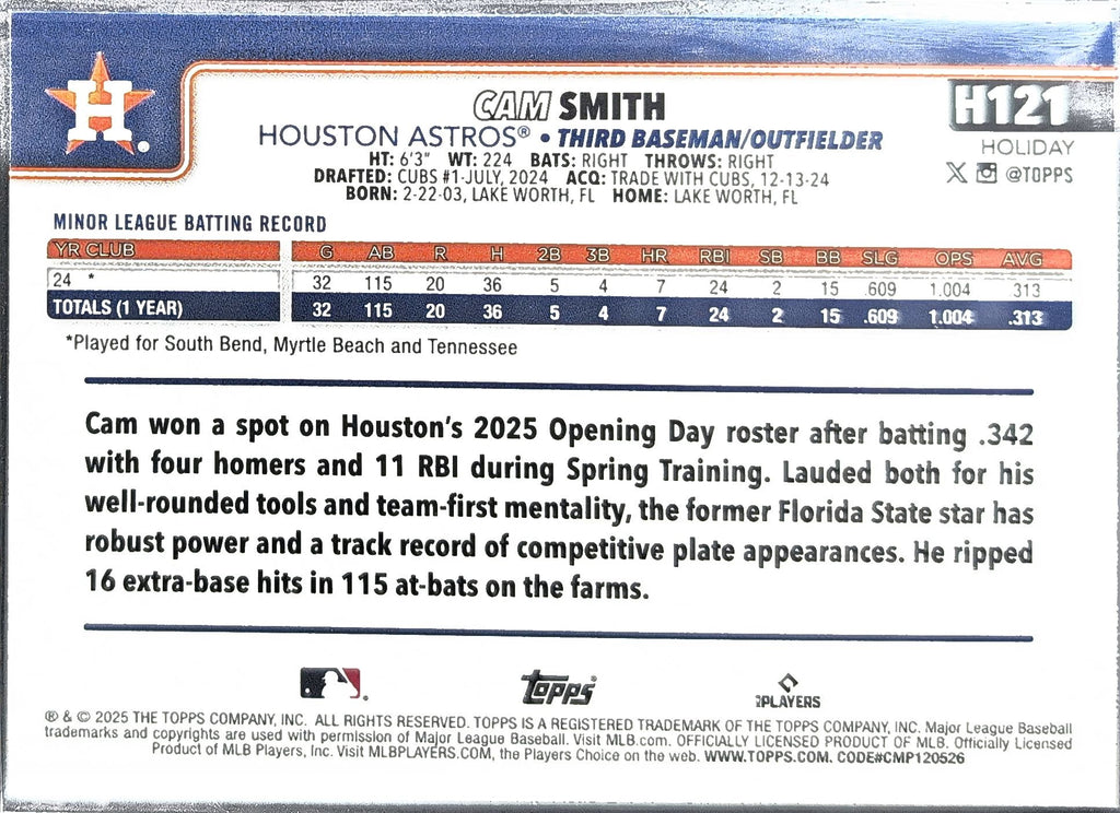 2025 Topps Holiday Cam Smith #H121 RC Houston Astros back