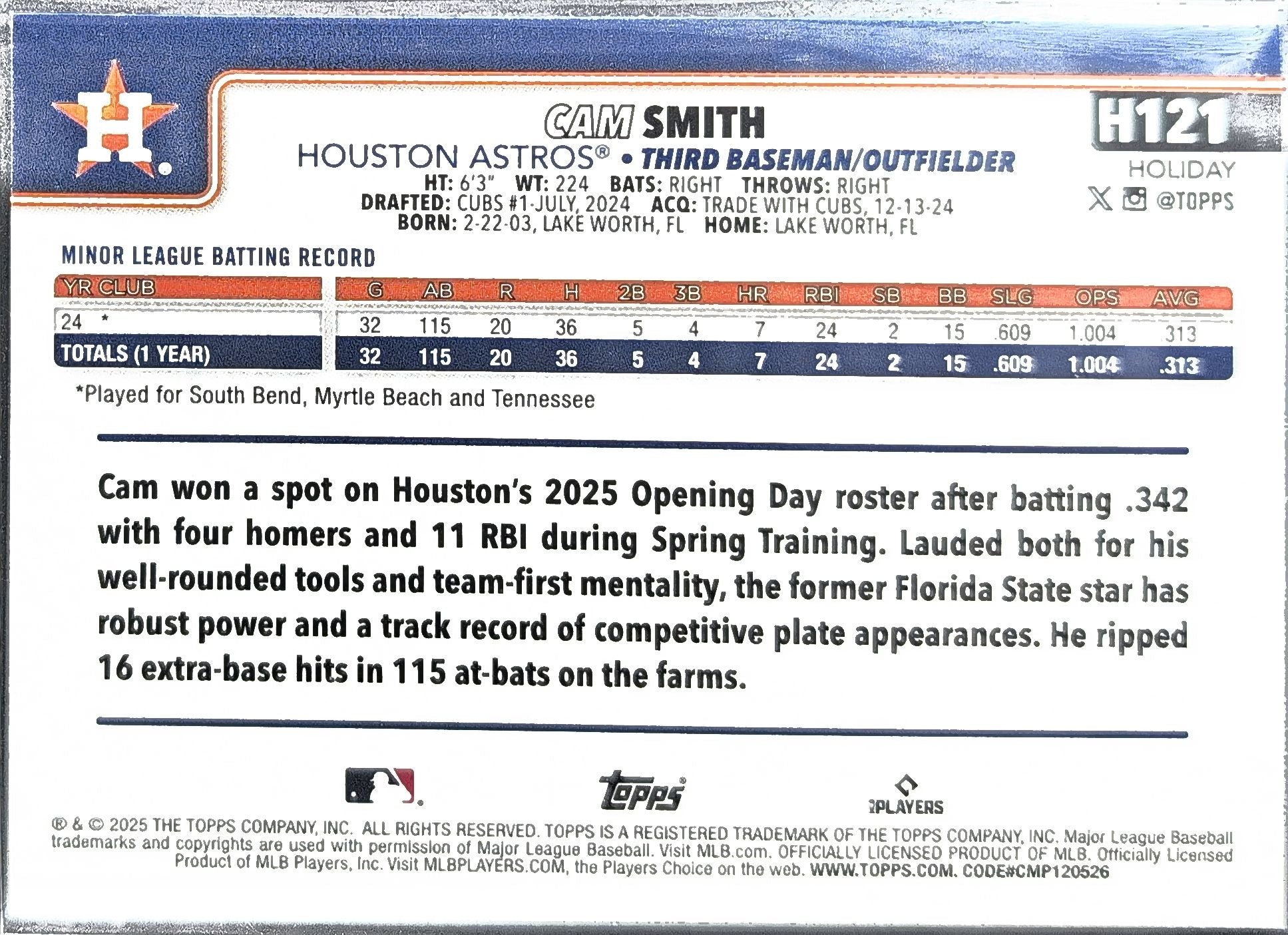 2025 Topps Holiday Cam Smith #H121 RC Houston Astros back