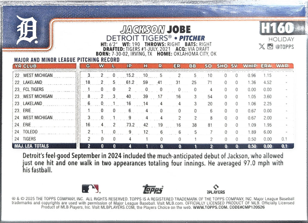 2025 Topps Holiday Jackson Jobe #H160c Detroit Tigers back