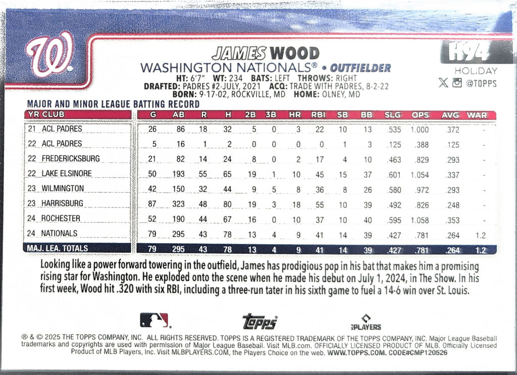 2025 Topps Holiday James Wood #H94c Washington Nationals back