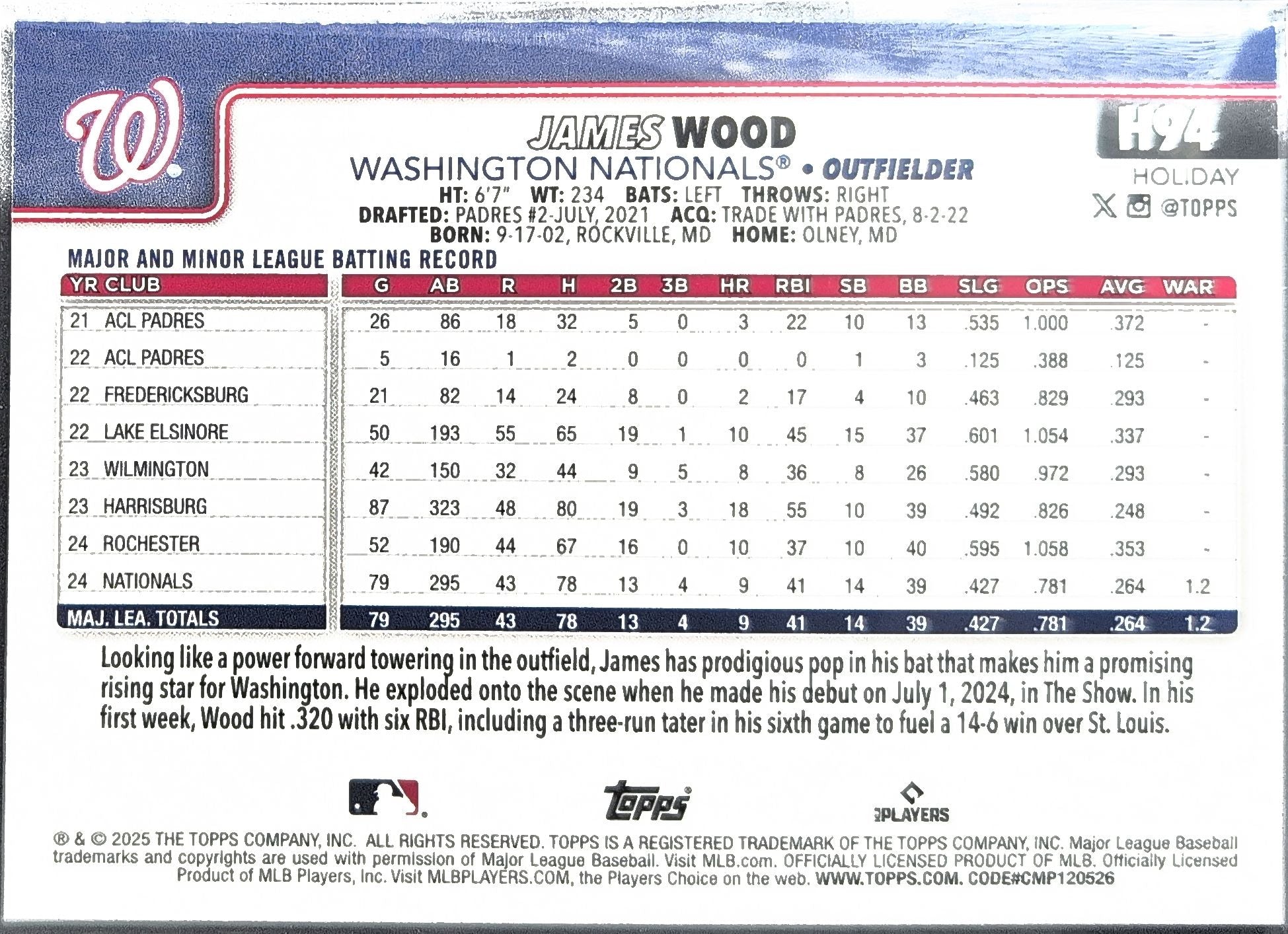 2025 Topps Holiday James Wood #H94c Washington Nationals back