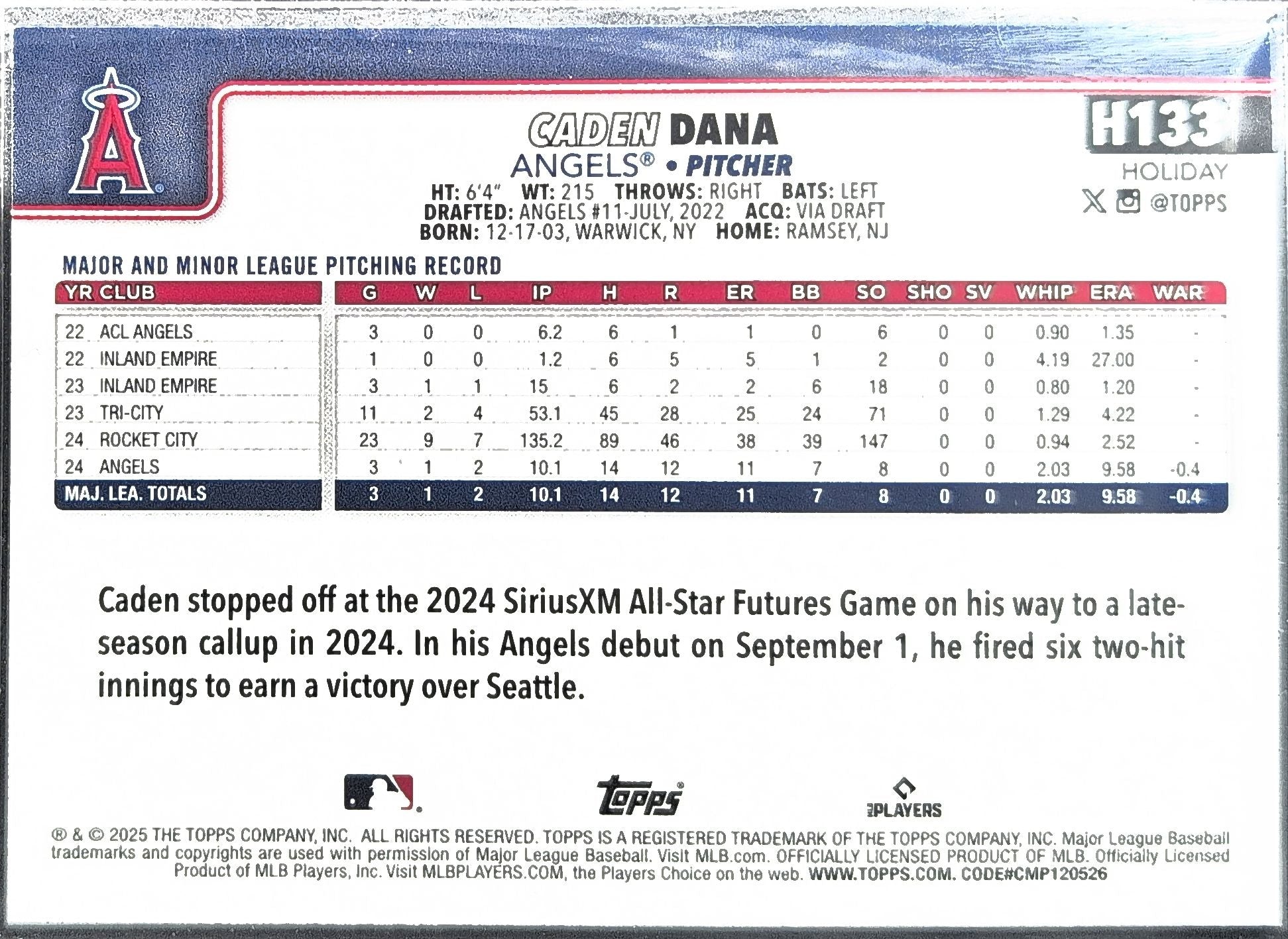 2025 Topps Holiday Caden Dana #H133 RC Los Angeles Angels back