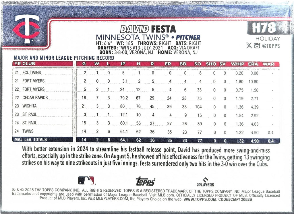 2025 Topps Holiday David Festa #H78 RC Minnesota Twins back