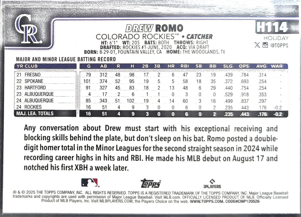 2025 Topps Holiday Drew Romo #H114 Green Holiday Plaid RC Colorado Rockies back