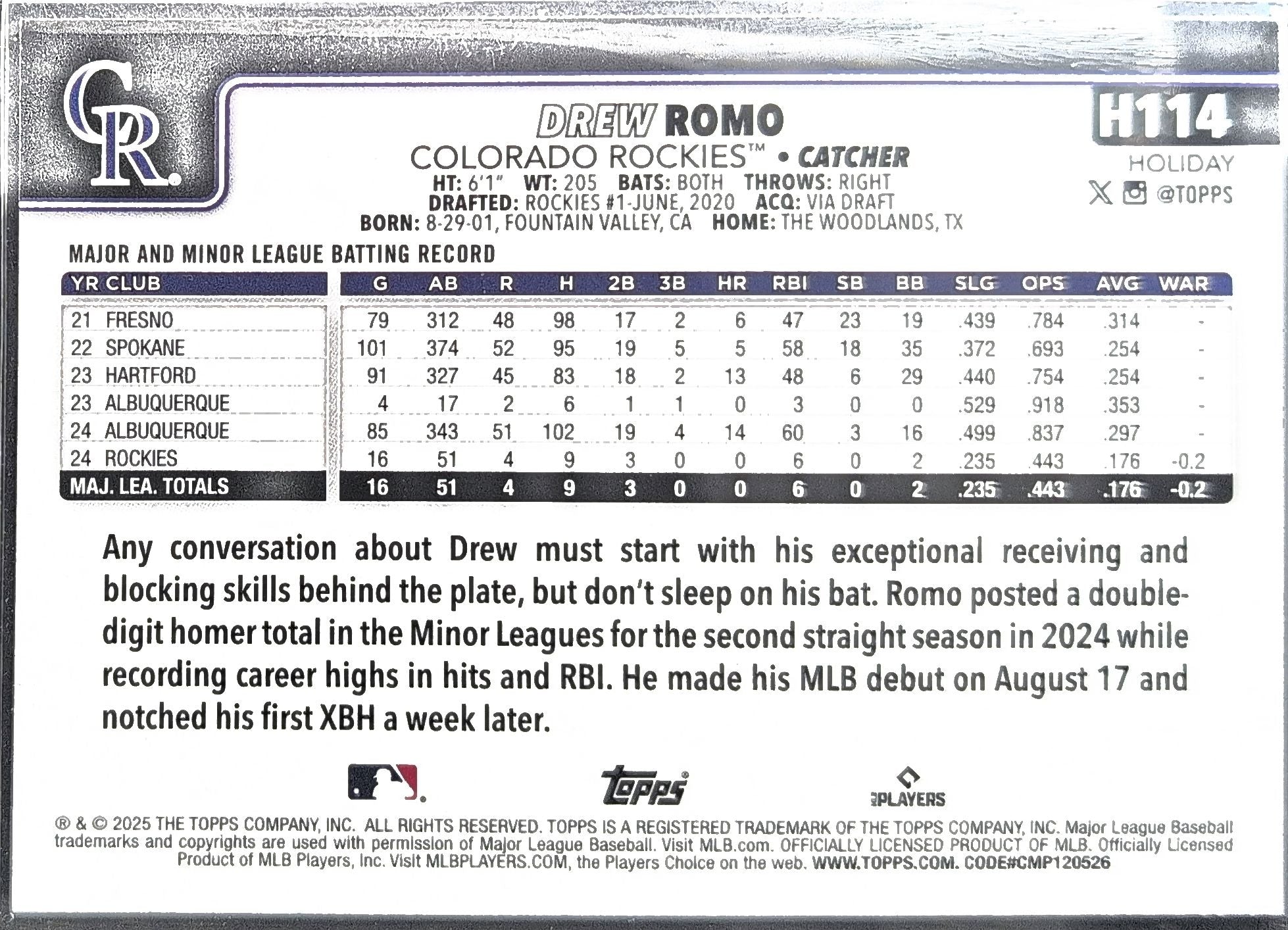 2025 Topps Holiday Drew Romo #H114 Green Holiday Plaid RC Colorado Rockies back