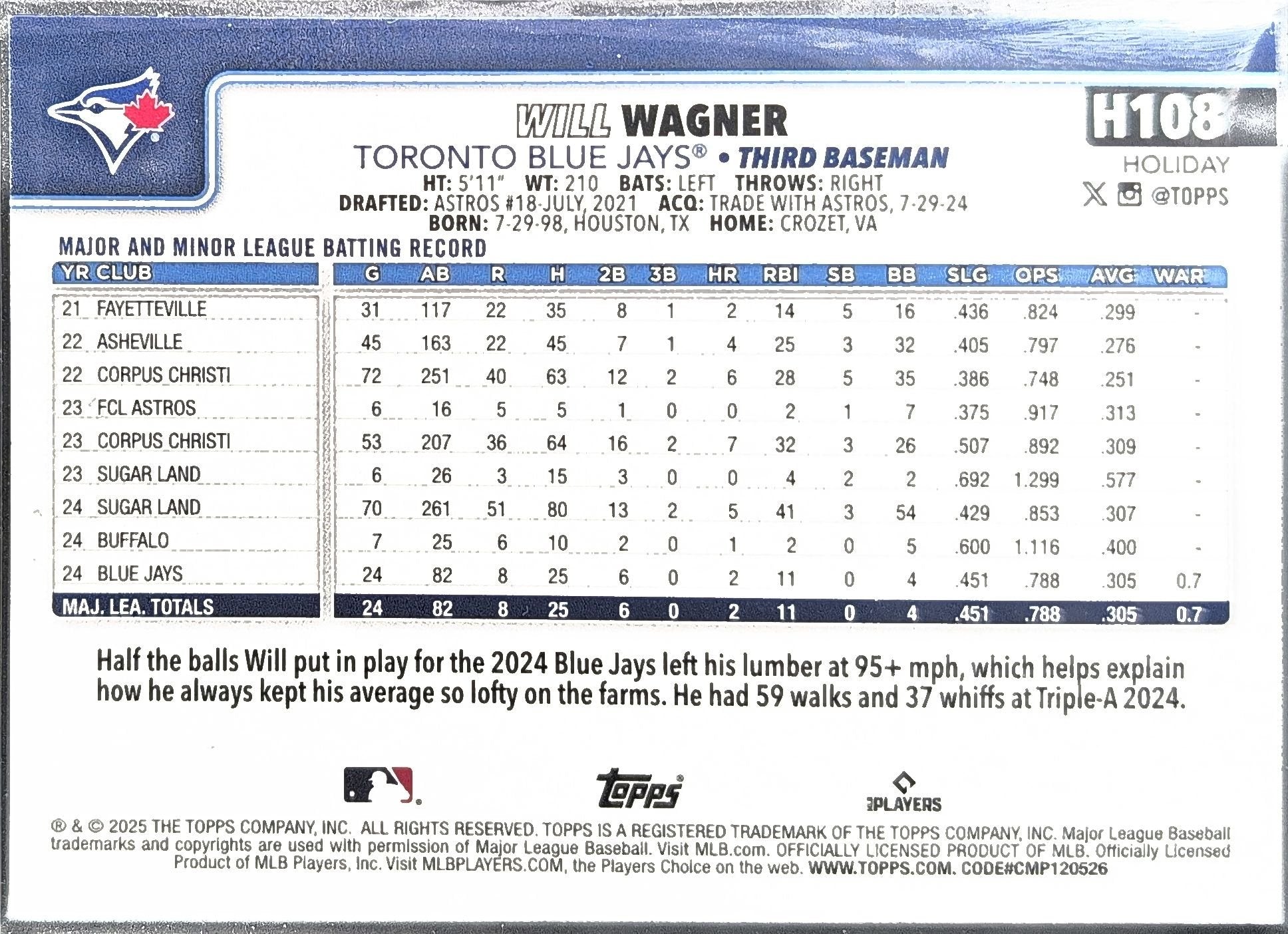 Will Wagner 2025 Topps Holiday #H108 Rookie RC Toronto Blue Jays - back image