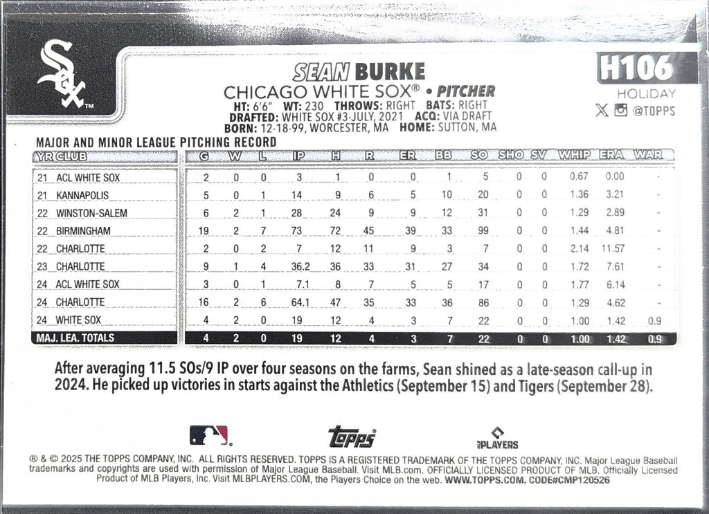 Sean Burke 2025 Topps Holiday #H106 Rookie RC Chicago White Sox - back image