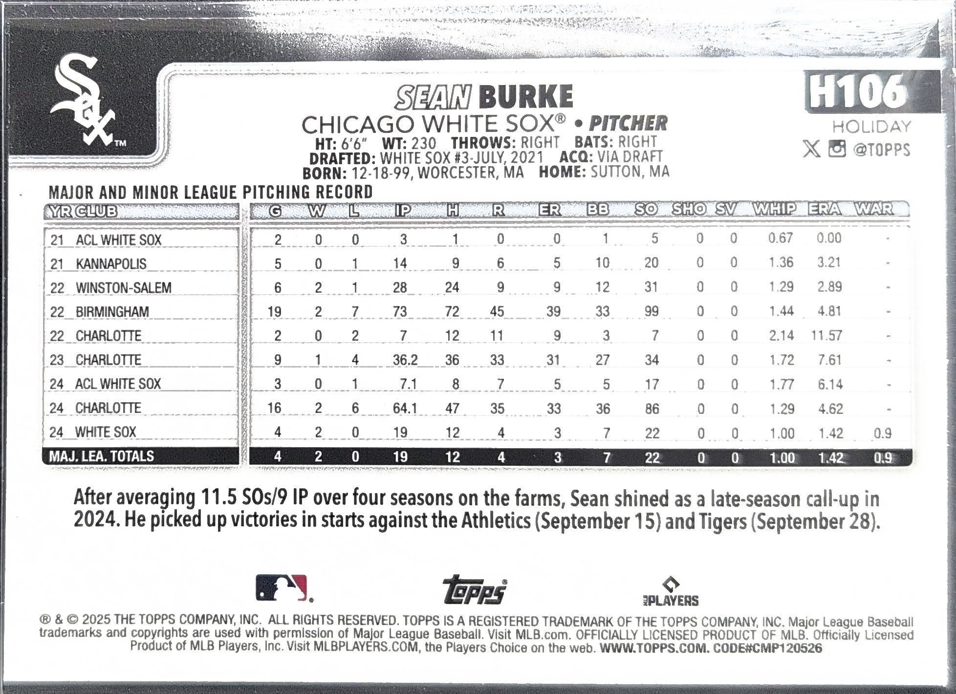 Sean Burke 2025 Topps Holiday #H106 Rookie RC Chicago White Sox - back image