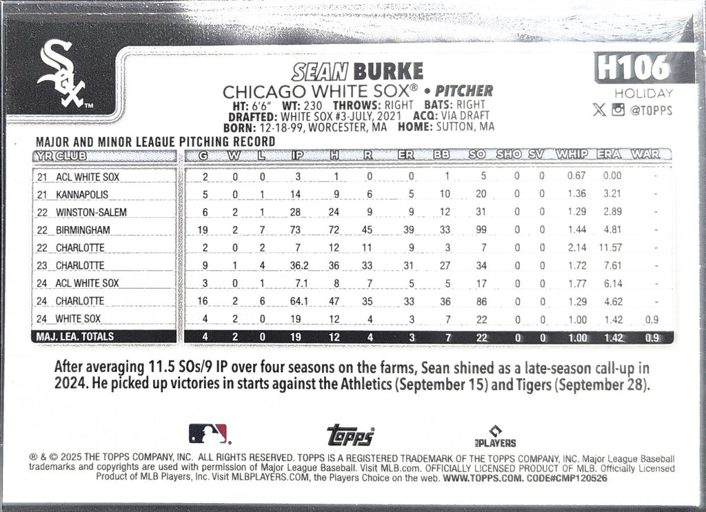 2025 Topps Holiday Sean Burke #H106 RC Chicago White Sox back
