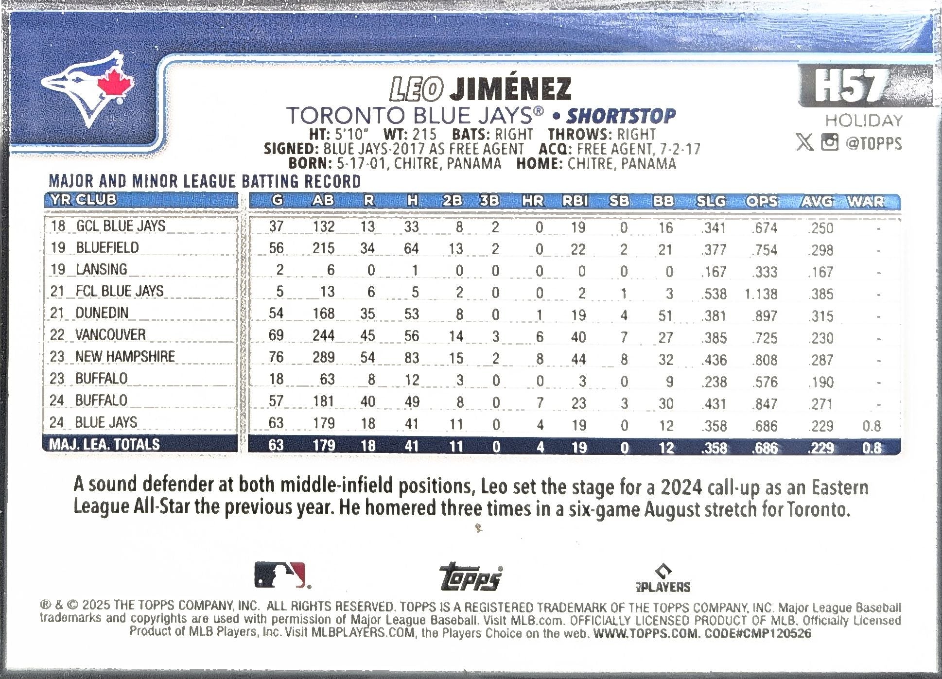 2025 Topps Holiday Leo Jiménez #H57 RC Toronto Blue Jays back