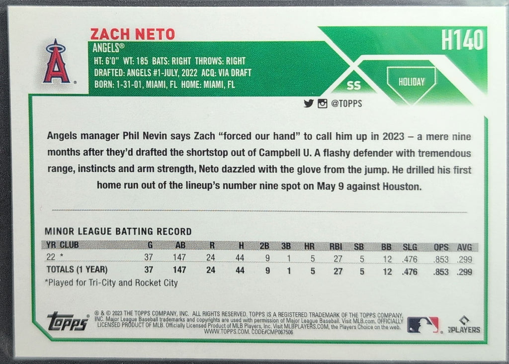 2023 Topps Holiday Zach Neto #H140 RC Los Angeles Angels back