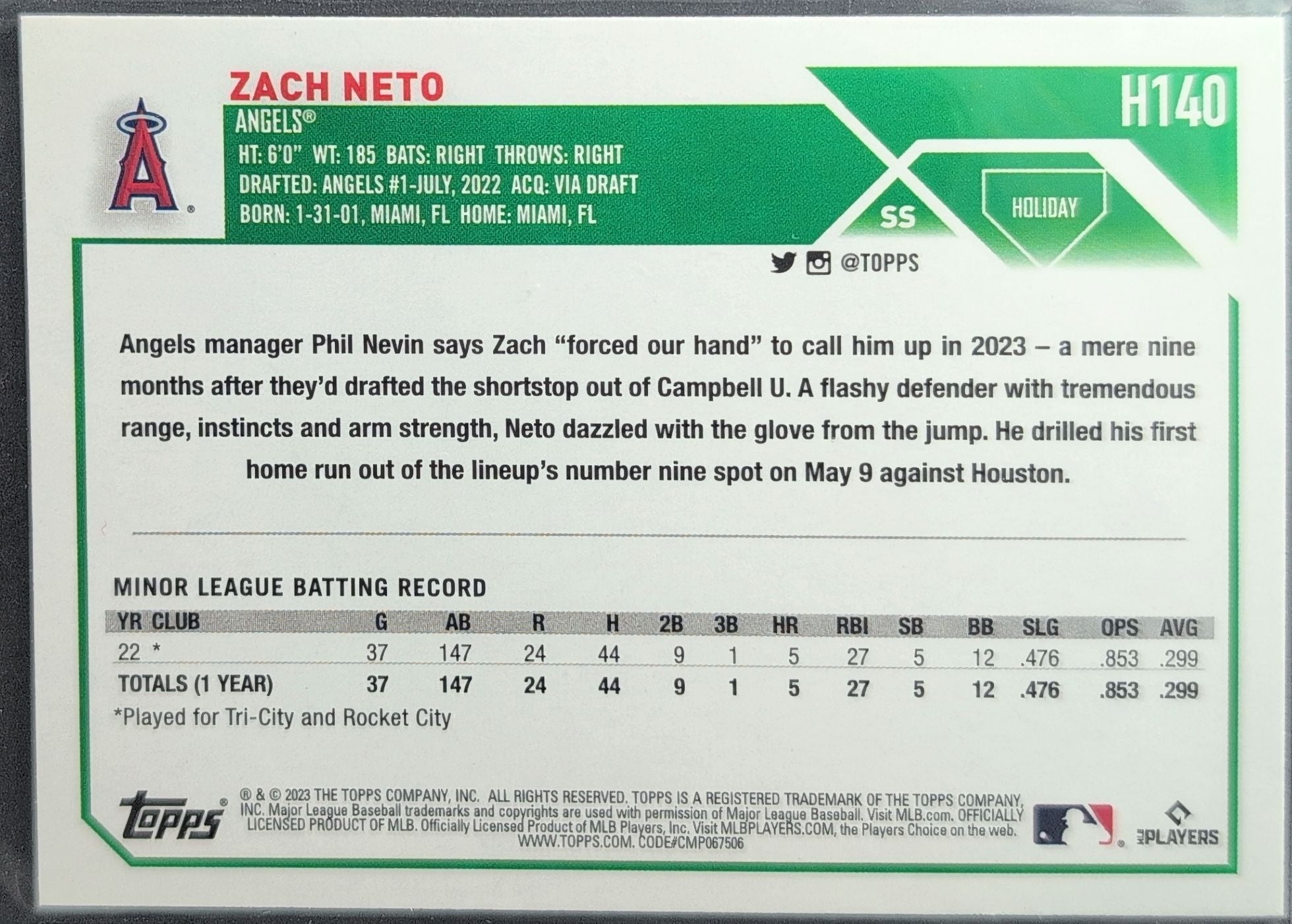 2023 Topps Holiday Zach Neto #H140 RC Los Angeles Angels back
