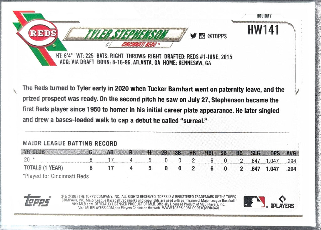 2021 Topps Holiday Tyler Stephenson #HW141 RC Cincinnati Reds back