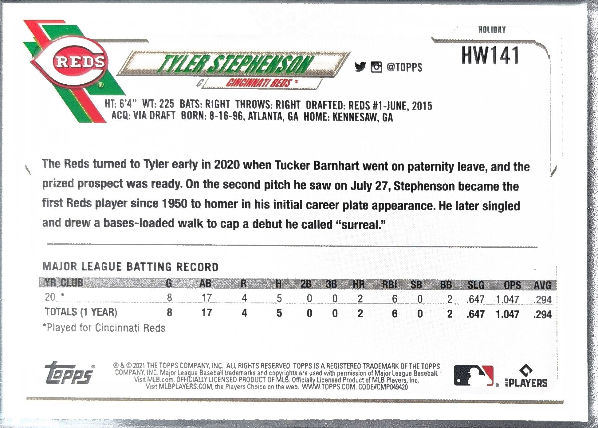 2021 Topps Holiday Tyler Stephenson #HW141 RC Cincinnati Reds back