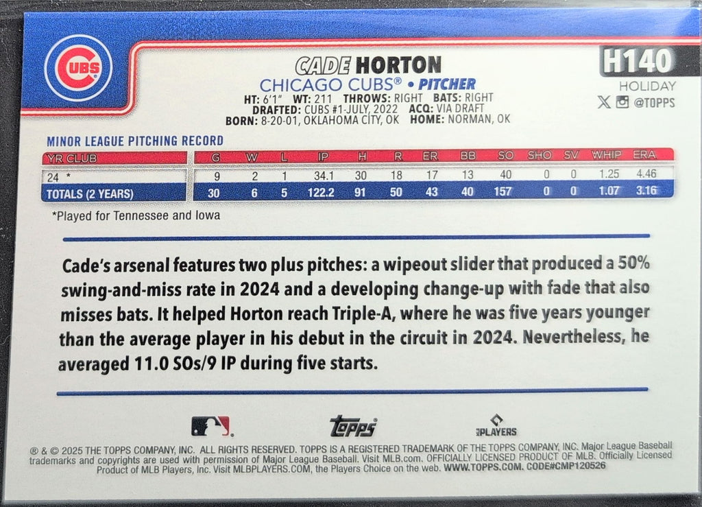 2025 Topps Holiday Cade Horton #H140 RC Chicago Cubs back