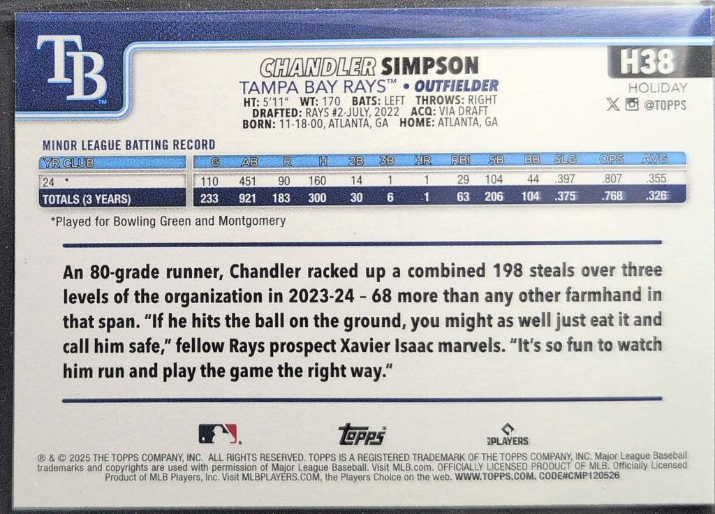 2025 Topps Holiday Chandler Simpson #H38 RC Tampa Bay Rays back