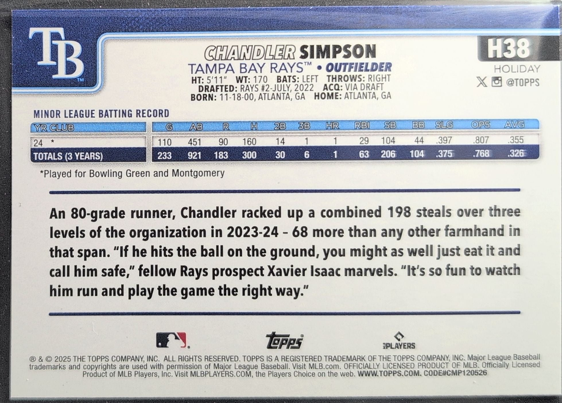 2025 Topps Holiday Chandler Simpson #H38 RC Tampa Bay Rays back
