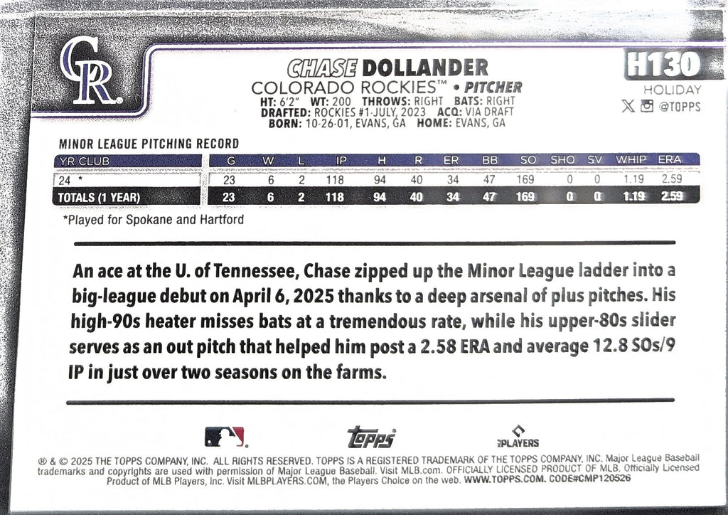 2025 Topps Holiday Chase Dollander #H130 RC Colorado Rockies back
