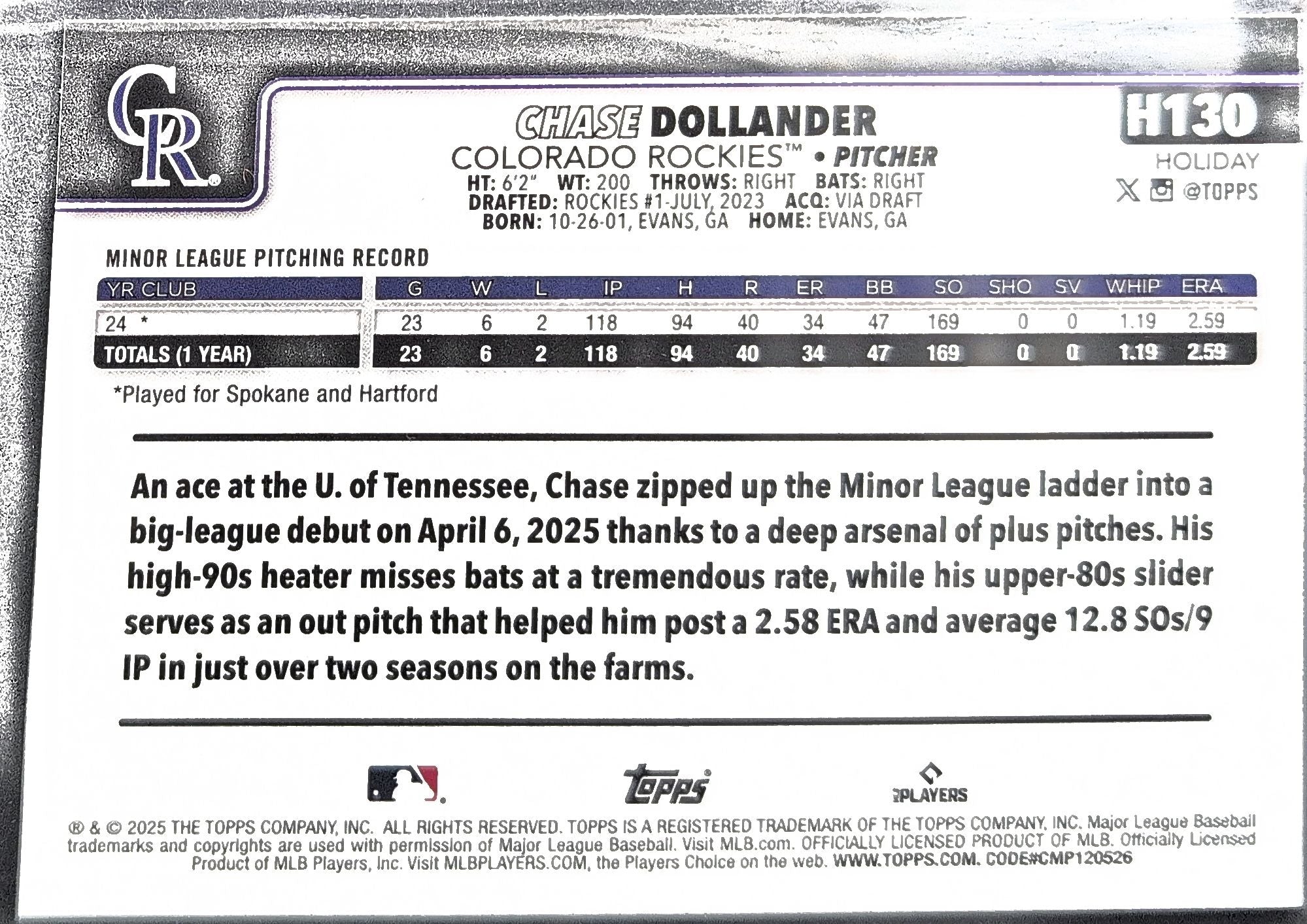 2025 Topps Holiday Chase Dollander #H130 RC Colorado Rockies back