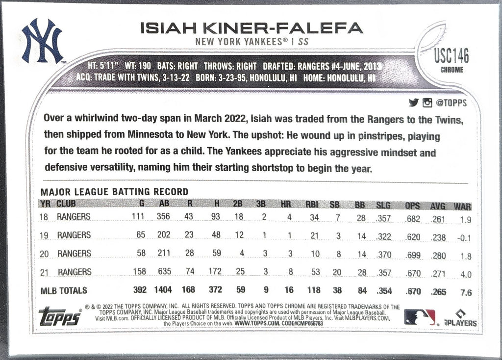 2022 Topps Update Isiah Kiner-Falefa #US119 Gold Foil New York Yankees back