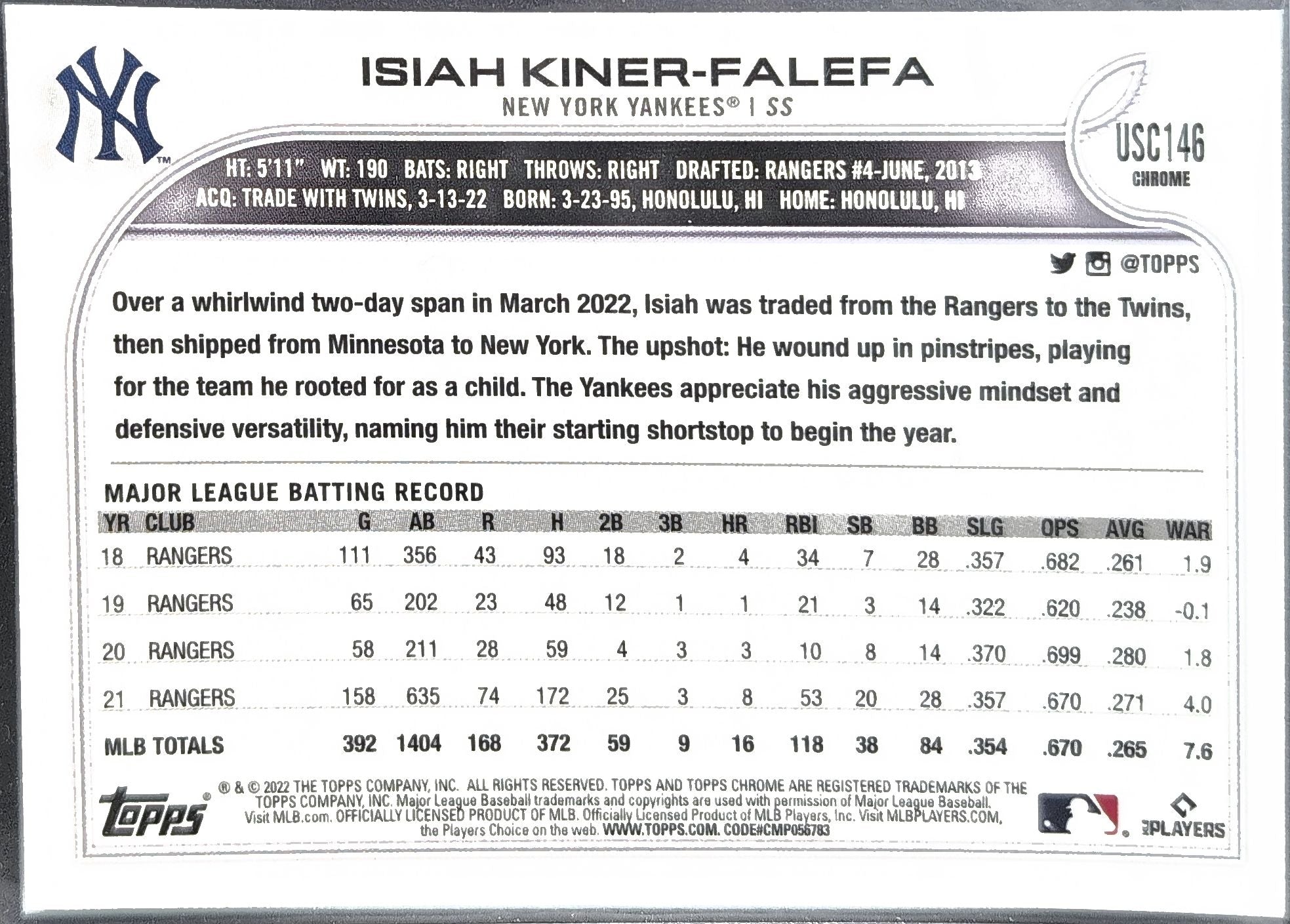 2022 Topps Update Isiah Kiner-Falefa #US119 Gold Foil New York Yankees back