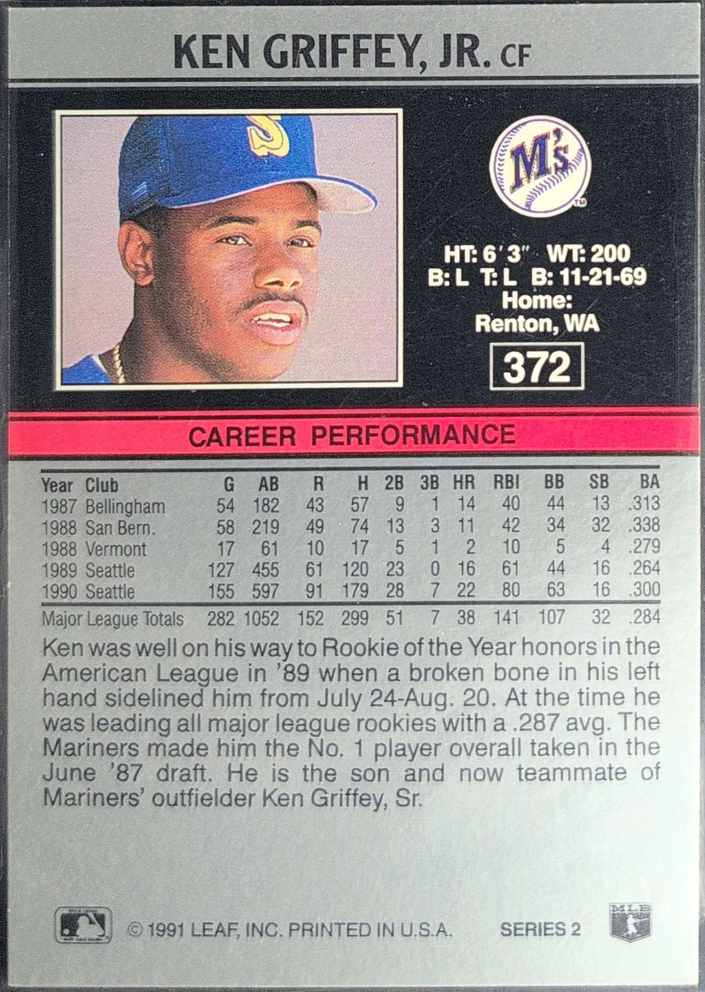 1991 Leaf Ken Griffey, Jr. #372 Seattle Mariners back
