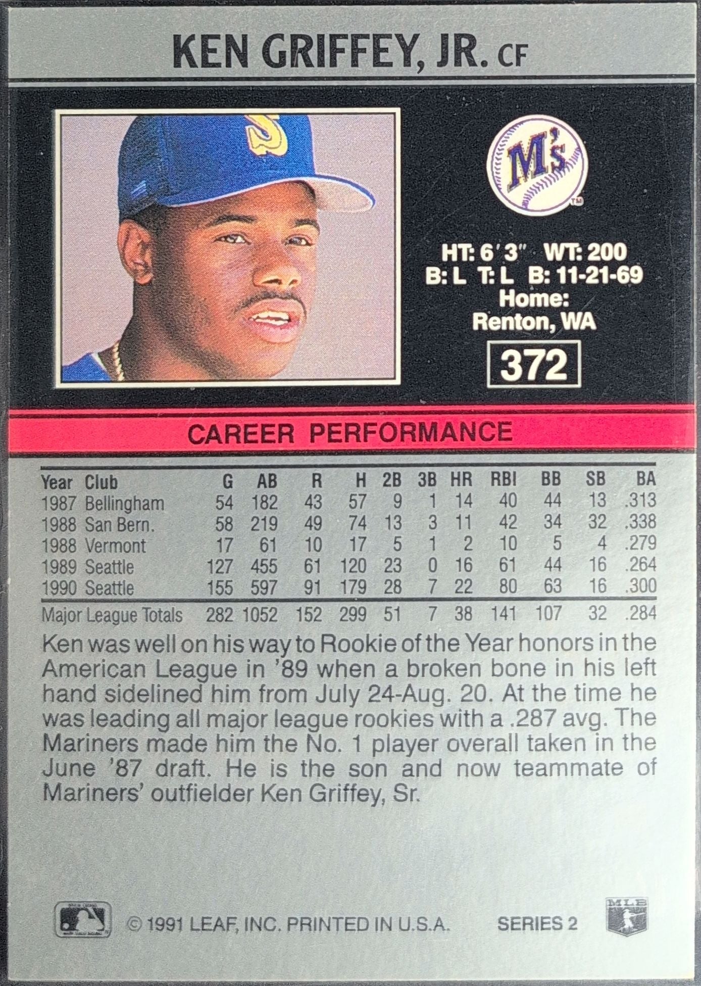 1991 Leaf Ken Griffey, Jr. #372 Seattle Mariners back