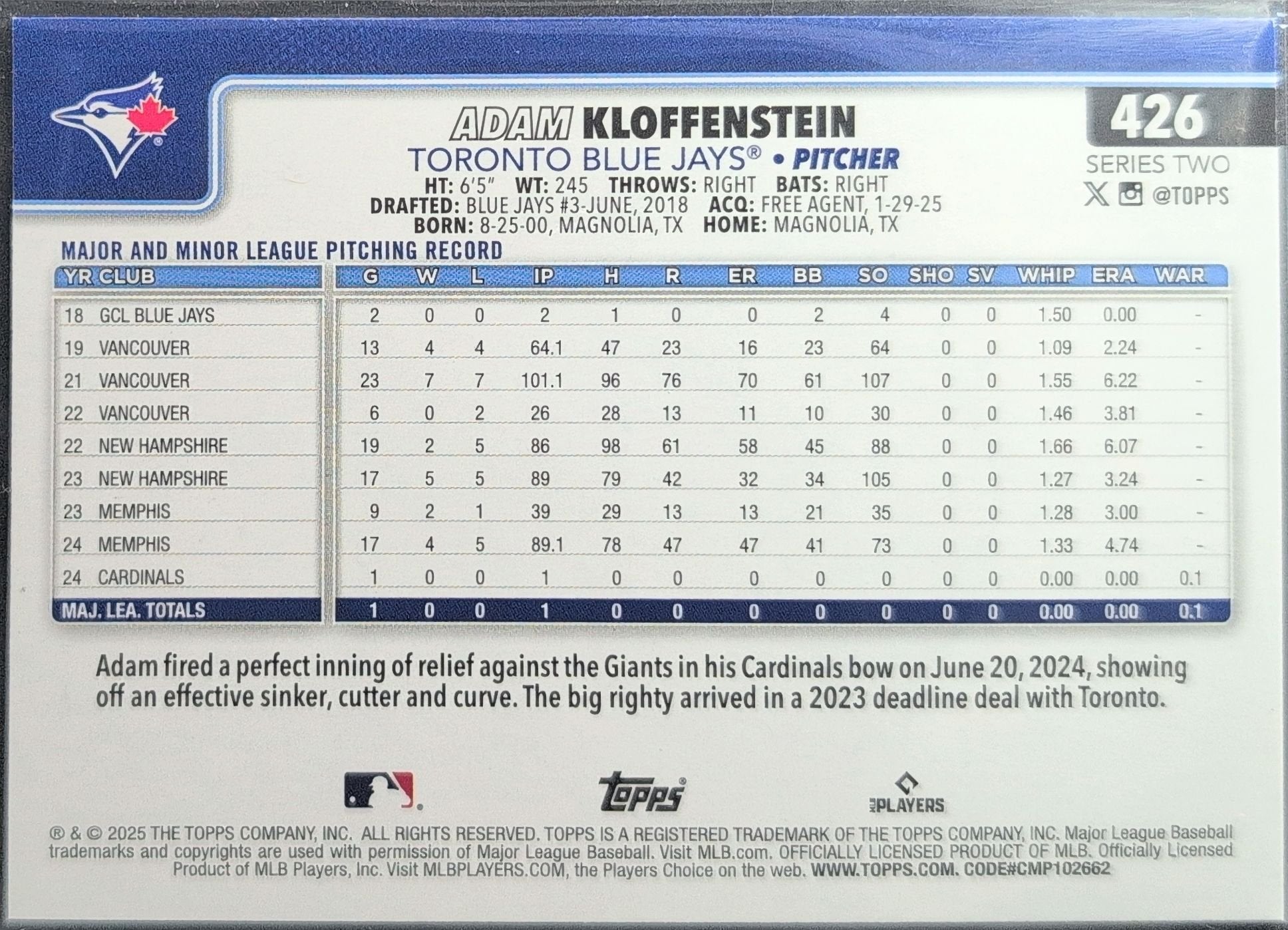 Adam Kloffenstein 2025 Topps #426 Rookie RC Toronto Blue Jays - back image