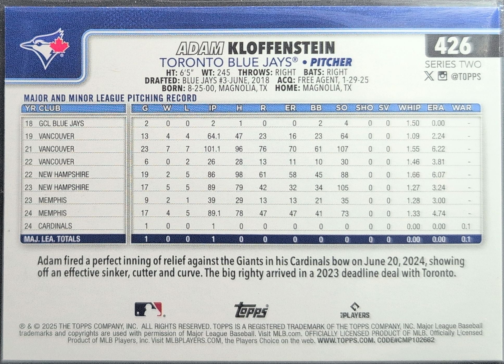 2025 Topps Adam Kloffenstein #426 RC Toronto Blue Jays back