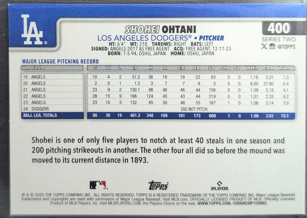 2025 Topps Shohei Ohtani #400 Los Angeles Dodgers back
