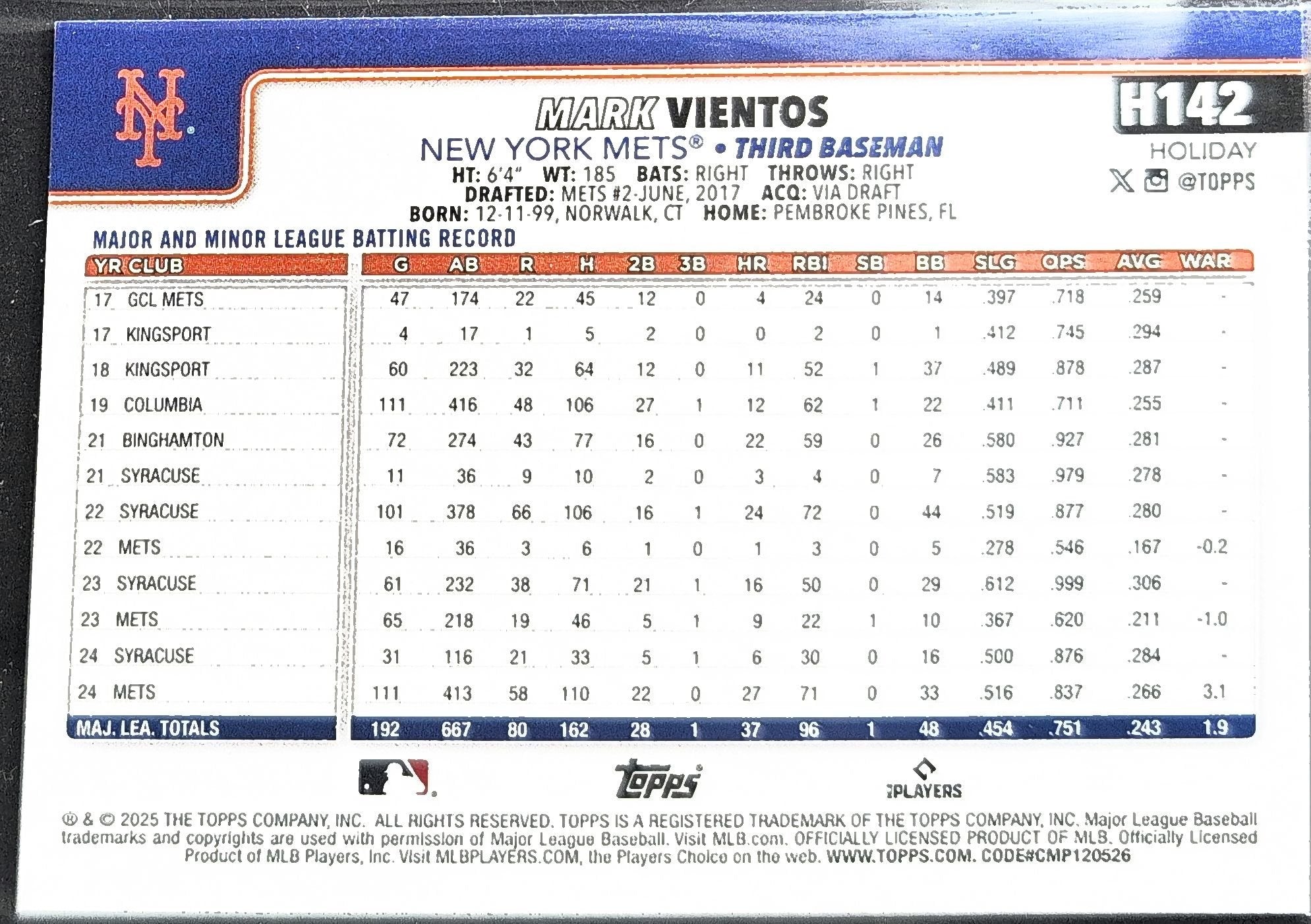 Mark Vientos 2025 Topps Holiday #H142 New York Mets - back image