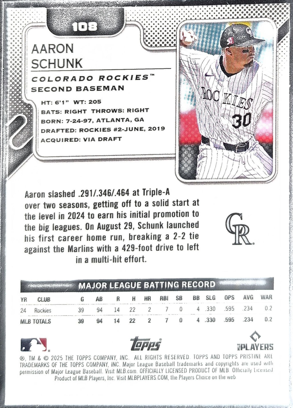 Aaron Schunk 2025 Topps Pristine #108 Rookie RC Colorado Rockies - back image