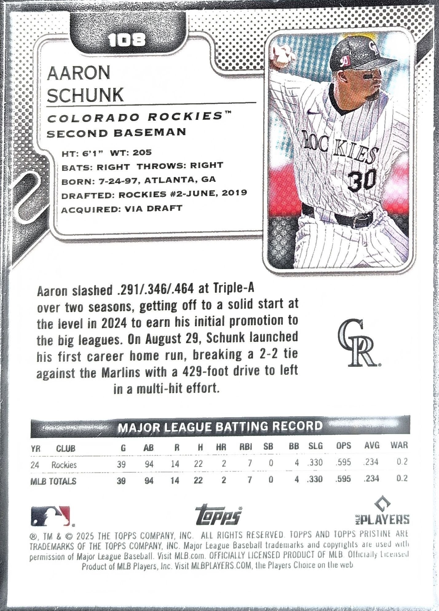 Aaron Schunk 2025 Topps Pristine #108 Rookie RC Colorado Rockies - back image