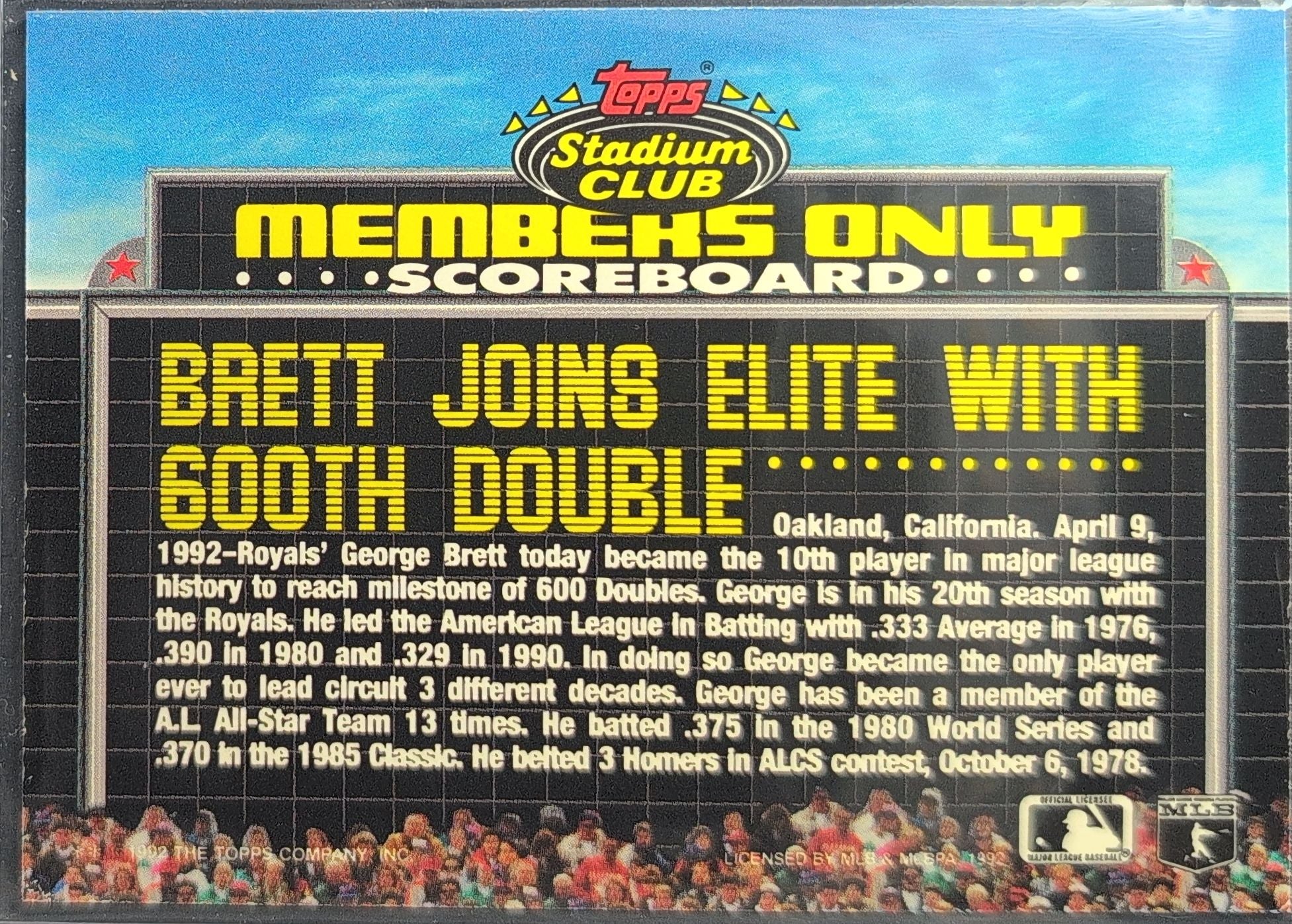 1992 Stadium Club Members Only George Brett #NNO Kansas City Royals back