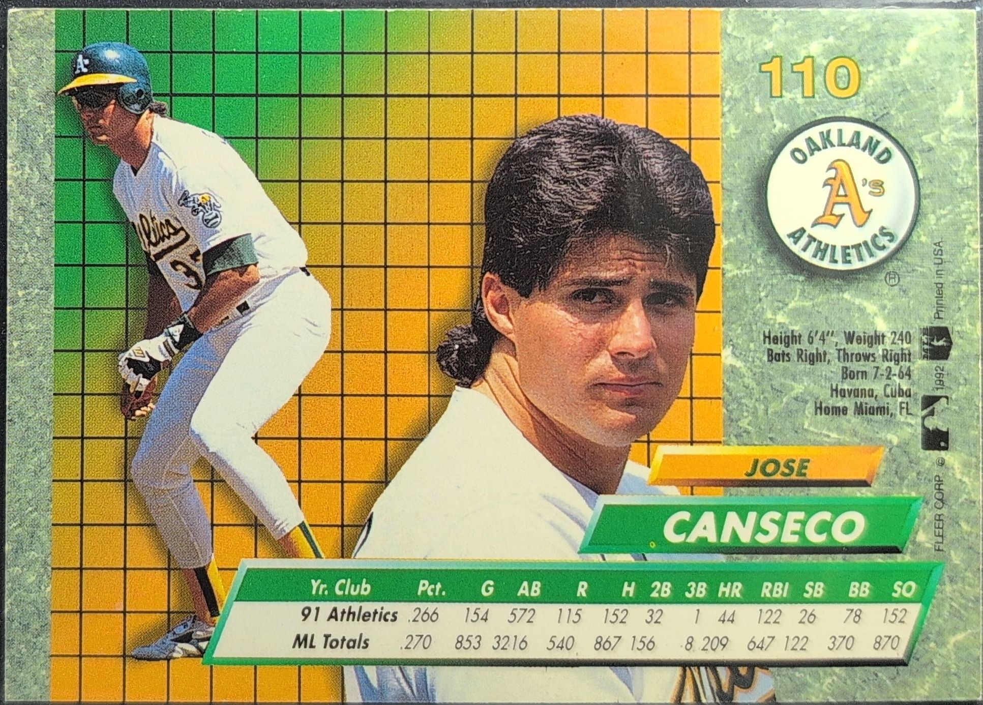 1992 Ultra Jose Canseco #110 Oakland Athletics back