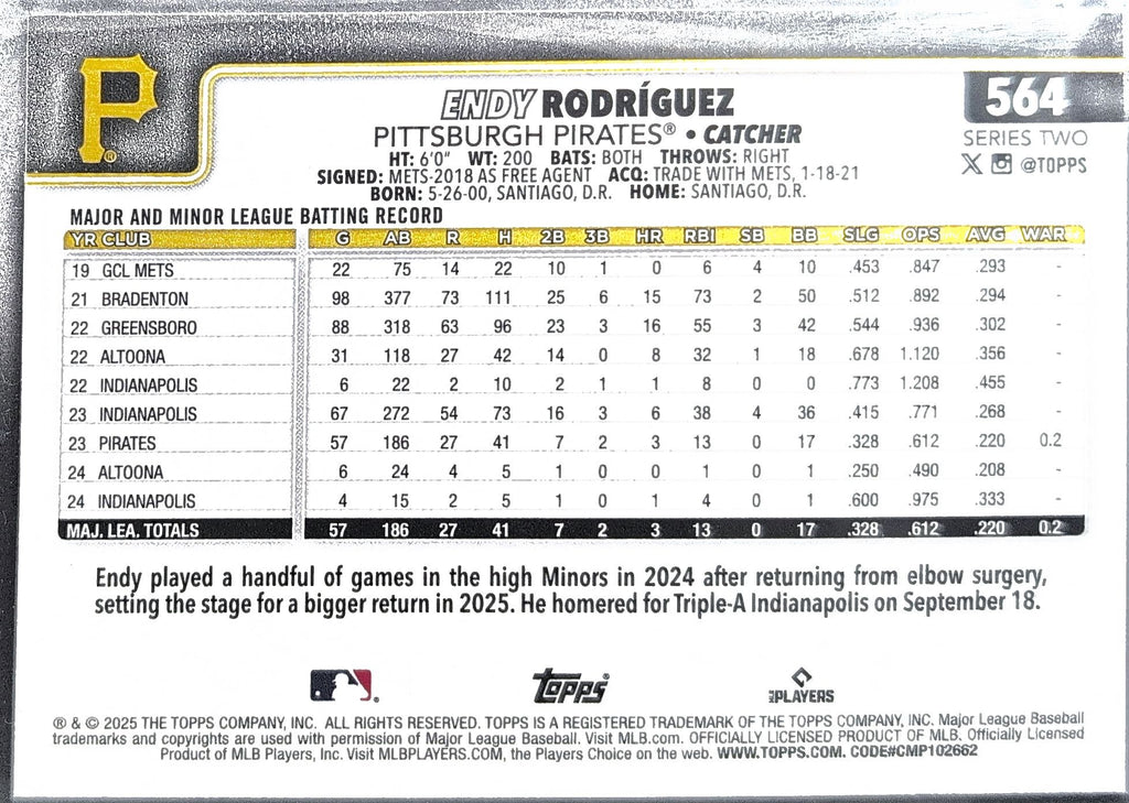 2025 Topps Endy Rodríguez #564 Rainbow Foil Pittsburgh Pirates back