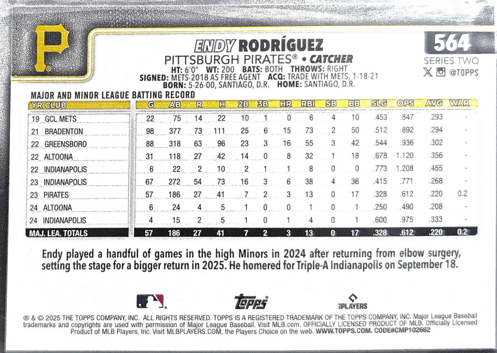 2025 Topps Endy Rodríguez #564 Rainbow Foil Pittsburgh Pirates back