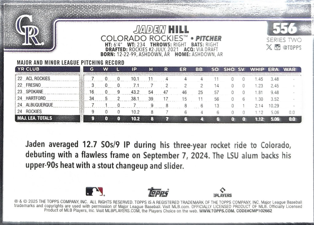 2025 Topps Jaden Hill #556 RC Colorado Rockies back