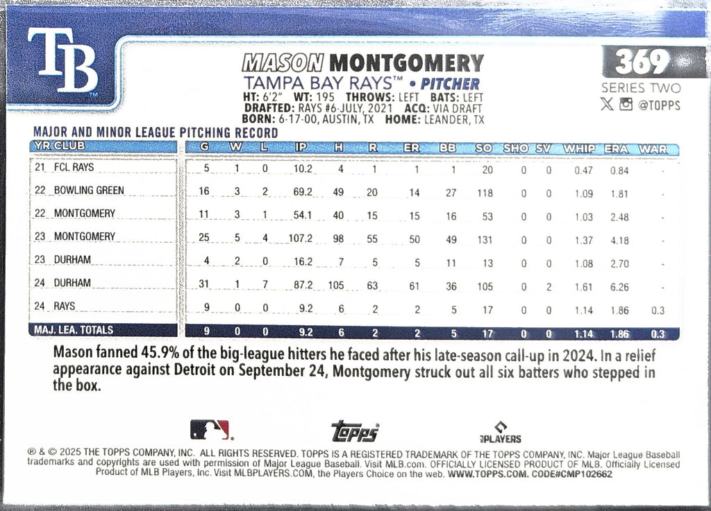 2025 Topps Mason Montgomery #369 RC Tampa Bay Rays back