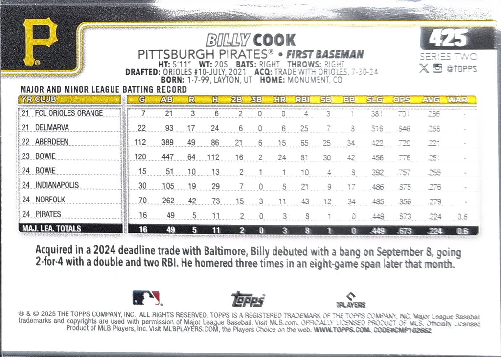 2025 Topps Billy Cook #425 RC Pittsburgh Pirates back