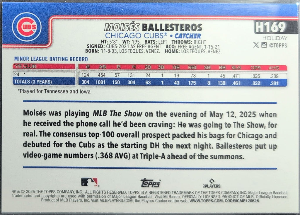 2025 Topps Holiday Moisés Ballesteros #H169 RC Chicago Cubs back
