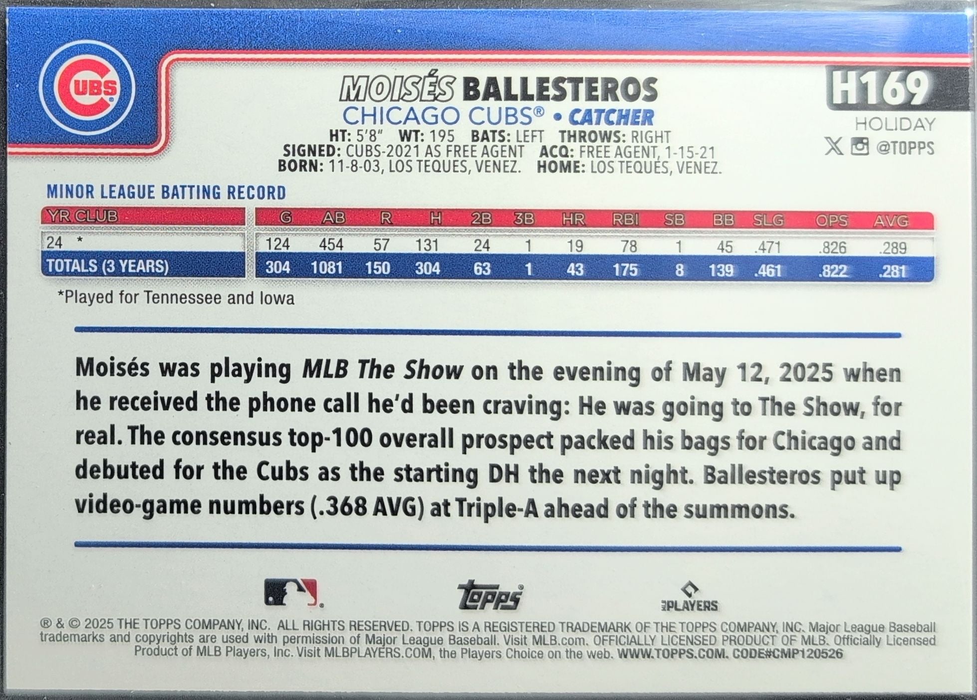 2025 Topps Holiday Moisés Ballesteros #H169 RC Chicago Cubs back