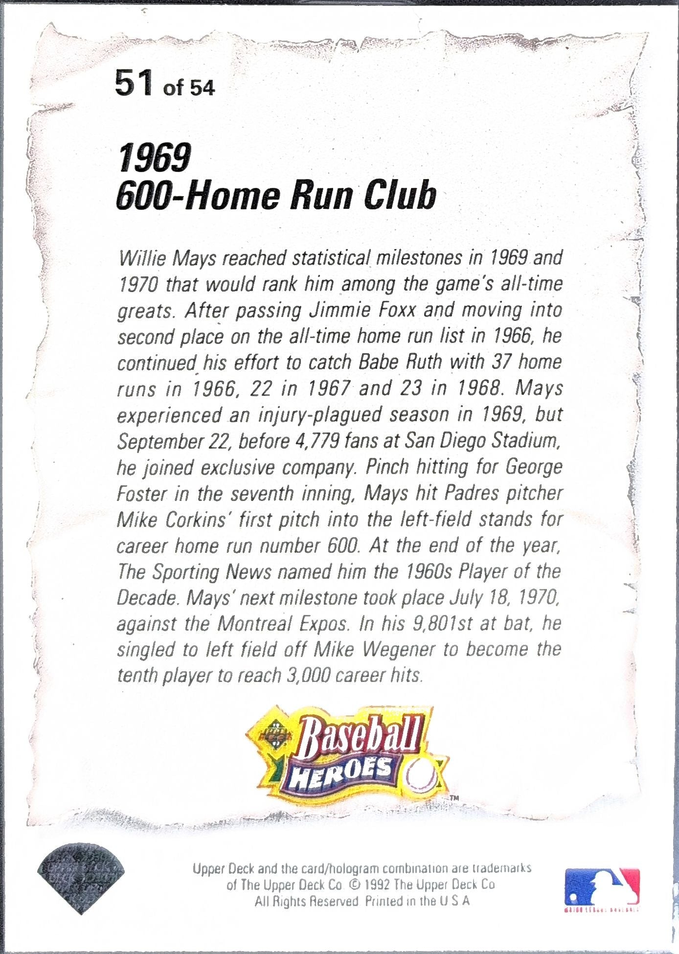 1993 Upper Deck Willie Mays #51 Baseball Heroes: Willie Mays San Francisco Giants back