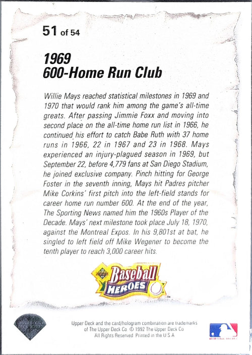 1993 Upper Deck Willie Mays #51 Baseball Heroes: Willie Mays San Francisco Giants back