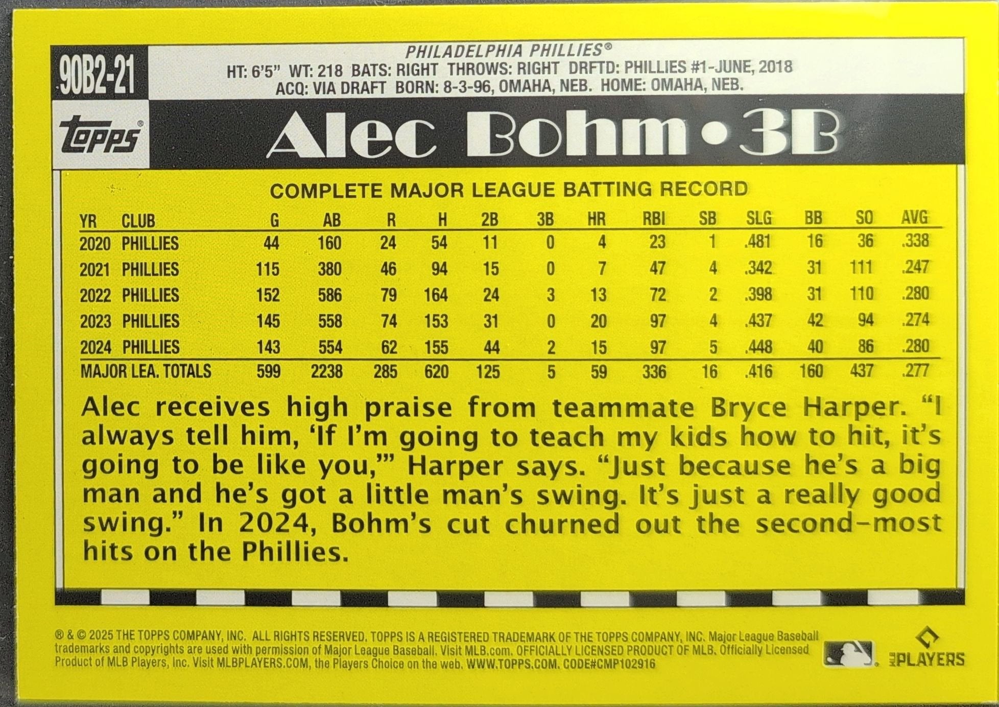 Alec Bohm 2025 Topps #90B2-21 1990 Topps Baseball 35th Anniversary (Series Two) Philadelphia Phillies - back image