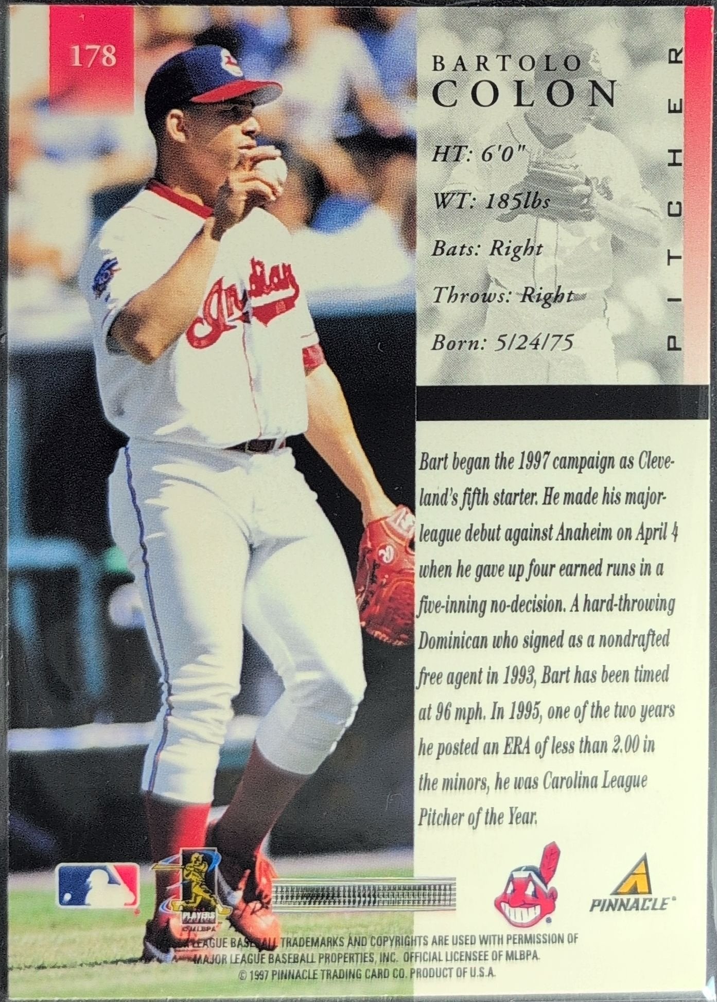 Bartolo Colon 1998 Pinnacle #178 Cleveland Indians - back image