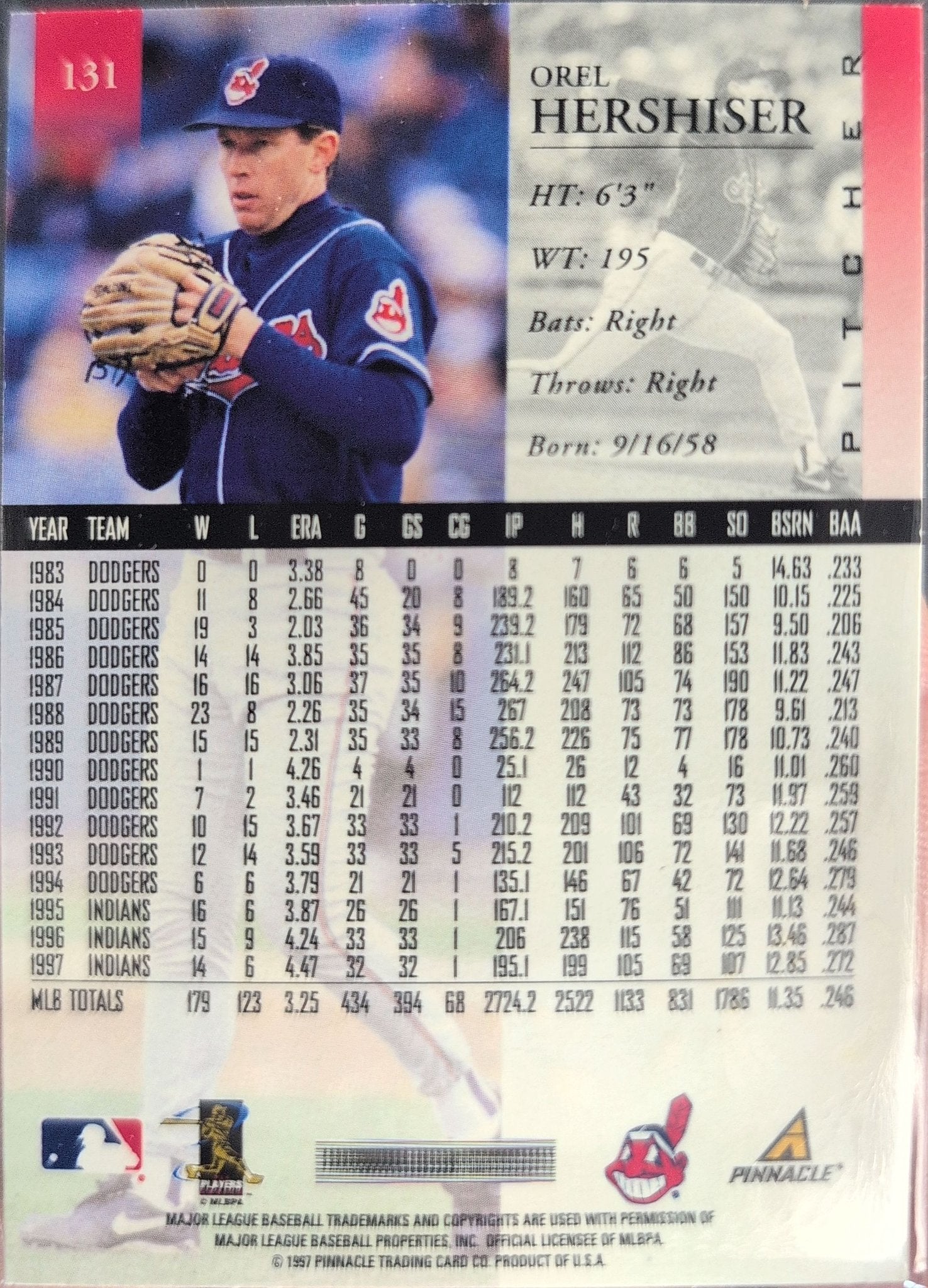 Orel Hershiser 1998 Pinnacle #131 Cleveland Indians - back image