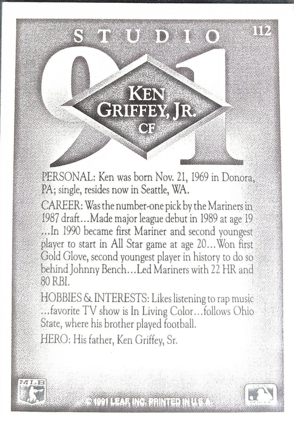 1991 Studio Ken Griffey, Jr. #112 Seattle Mariners back