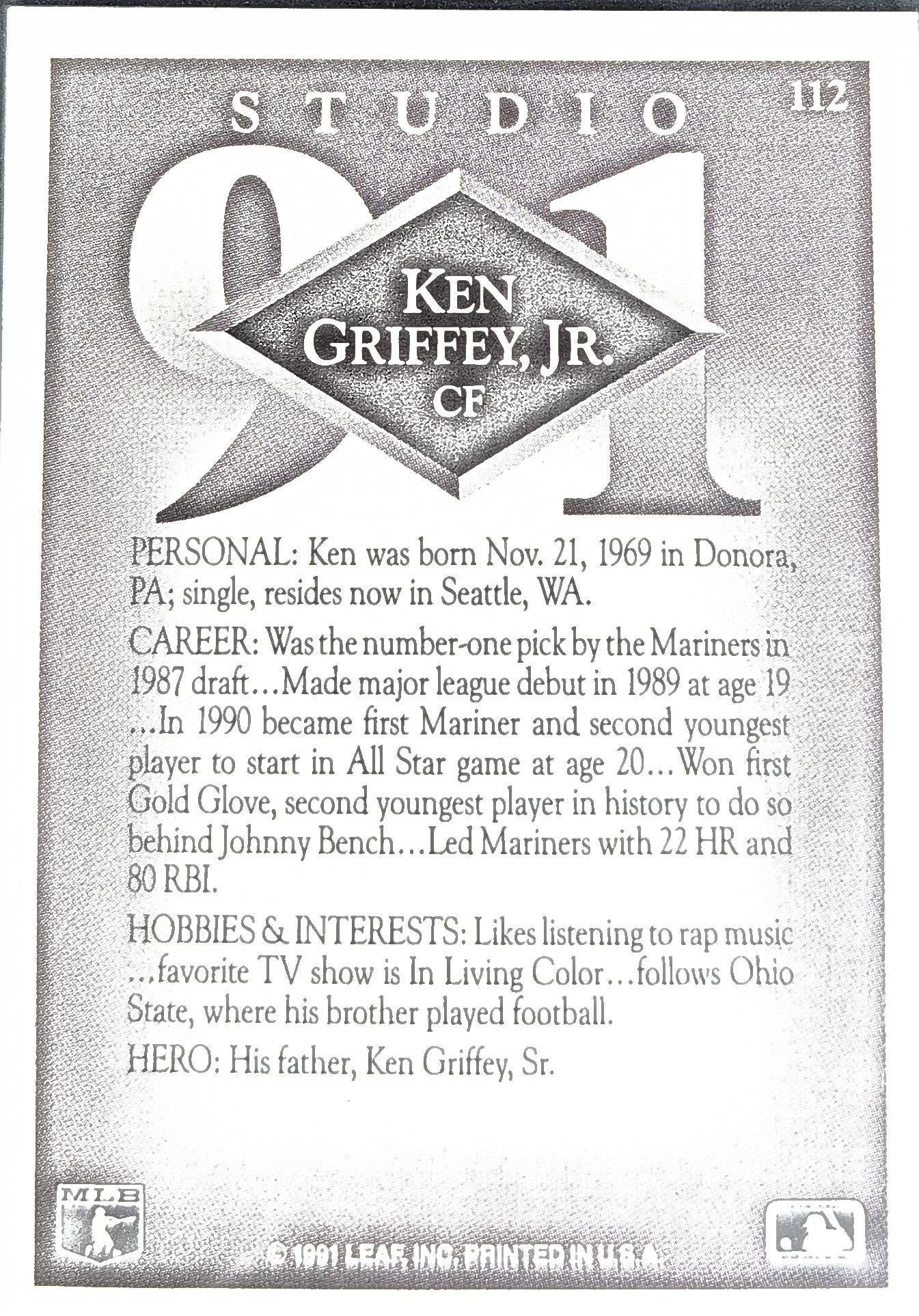 1991 Studio Ken Griffey, Jr. #112 Seattle Mariners back